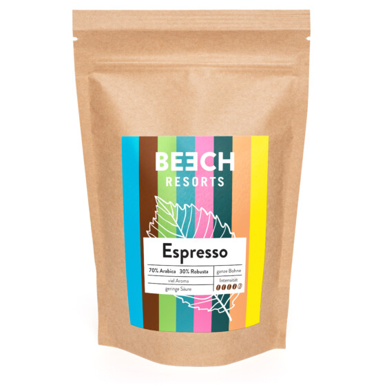 Beech Resorts Espresso – Kaffeebohnen 70% Arabica, 30% Robusta, ganze Bohne, aromatisch mit geringer Säure. Nachhaltige Verpackung mit bunter Beech-Resorts Gestaltung.