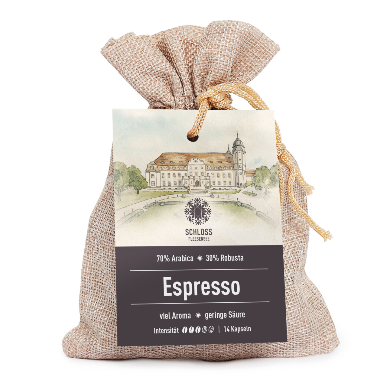 Schloss Fleesensee Espresso Kapseln – 70 Prozent Arabica 30 Prozent Robusta mit viel Aroma und geringer Säure – 14 Stück