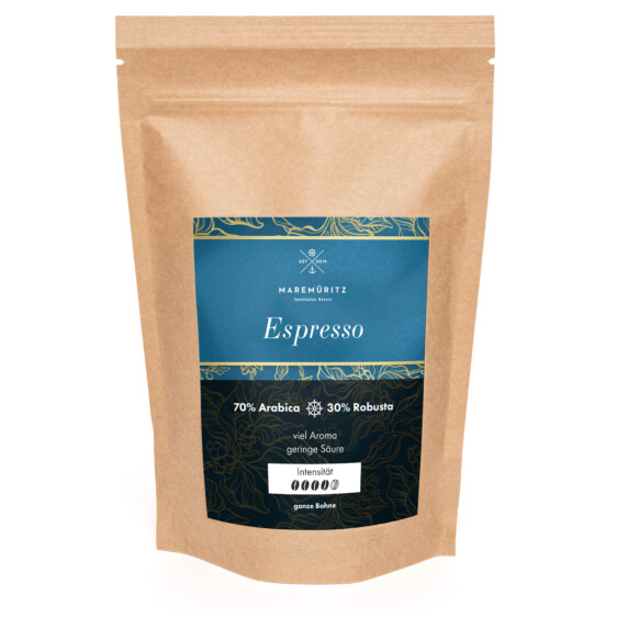Espresso Mischung 70 Prozent Arabica 30 Prozent Robusta ganze Bohne – intensiver Kaffee aus der Fleesensee Rösterei