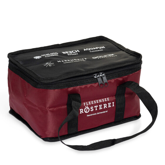 Rote Kühltasche mit Logo Fleesensee Rösterei – praktische Isoliertasche für Kaffee und Lebensmittel